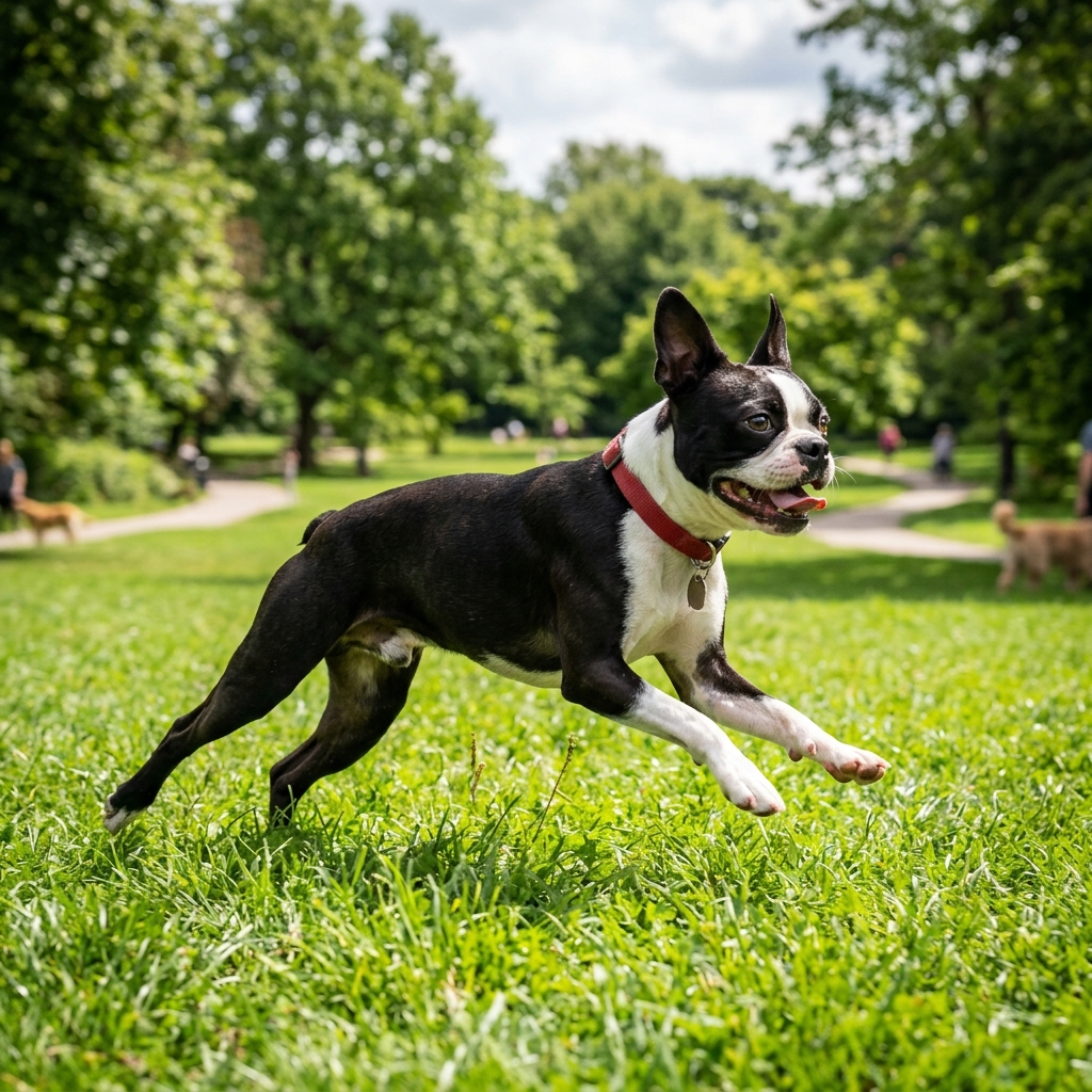 Energetický Boston Terrier v parku vs French Bulldog