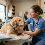 Veterinářka vyšetřuje odpočívajícího psa na klinice