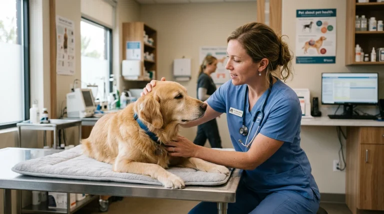 Pes a nechutenství: Co dělat, když pes odmítá jídlo, příčiny z pohledu veterináře a tipy na rozkrmení 1 Veterinářka vyšetřuje odpočívajícího psa na klinice