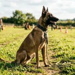 Belgický ovčák malinois sedí pozorně na cvičišti