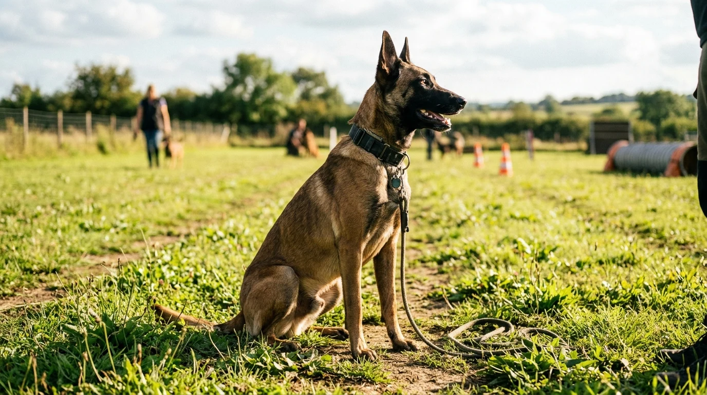 Belgický ovčák: Velký přehled 4 variet (Malinois, Groenendael, Tervueren, Laekenois), povaha a výcvik 1 Belgický ovčák malinois sedí pozorně na cvičišti