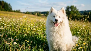 Krásný bílý huňatý samojed v rozkvetlé louce