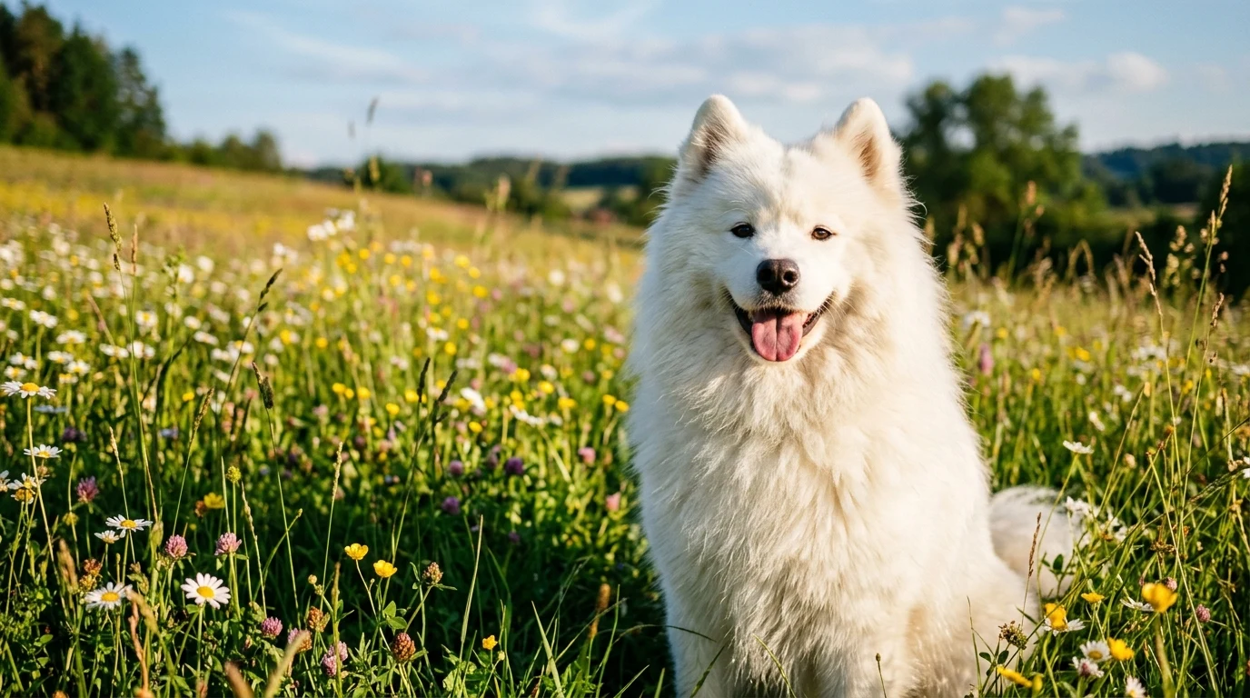 Chlupatý pes: Velký přehled huňatých a dlouhosrstých plemen psů, péče o srst a česání 1 Krásný bílý huňatý samojed v rozkvetlé louce