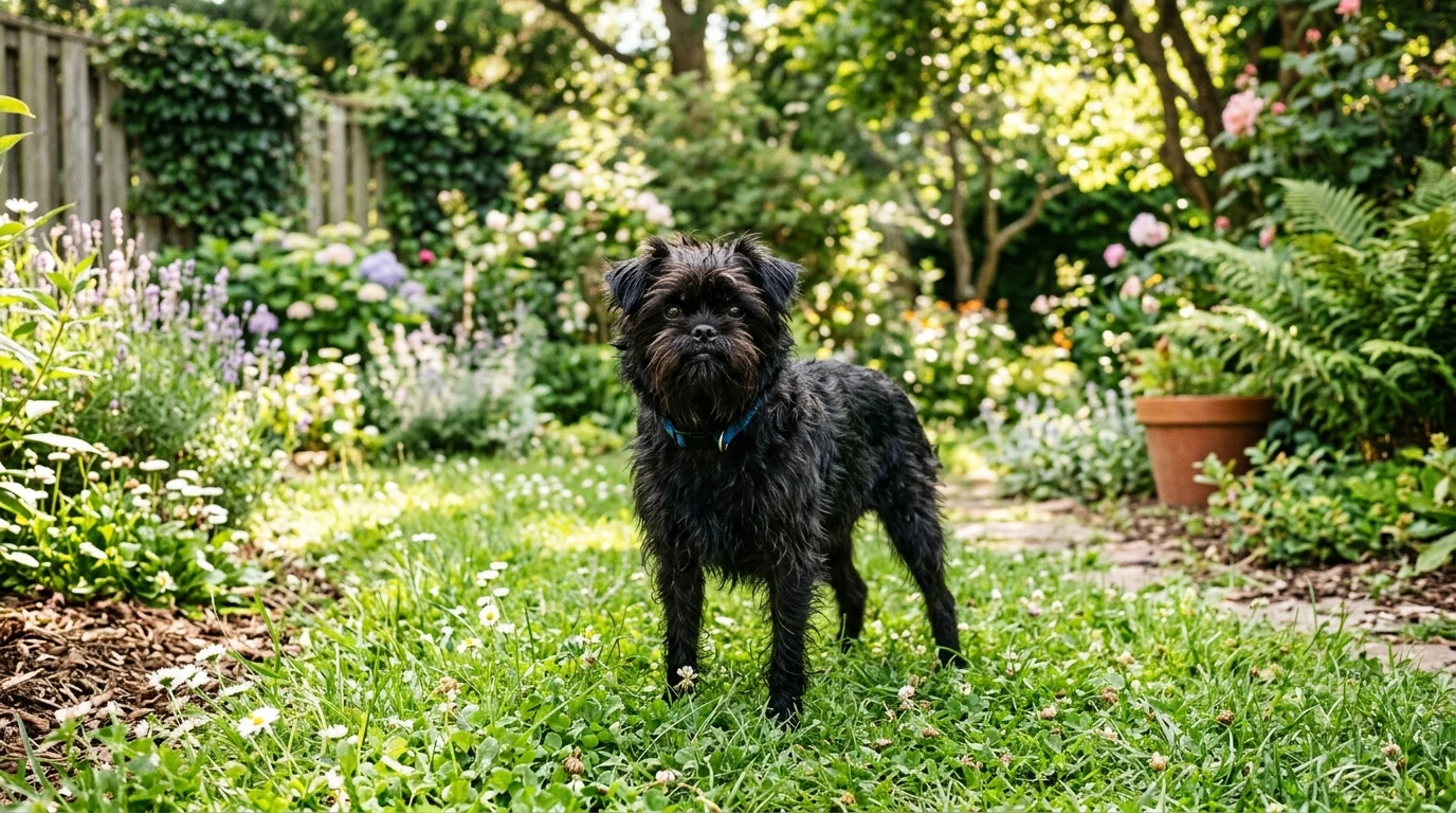 Affenpinscher opičí pinč v zahradě
