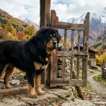 Tibetský mastif stojící u brány horského stavení