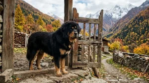 Tibetský mastif stojící u brány horského stavení