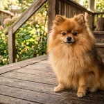 Krásný oranžový pomeranian na dřevěné terase