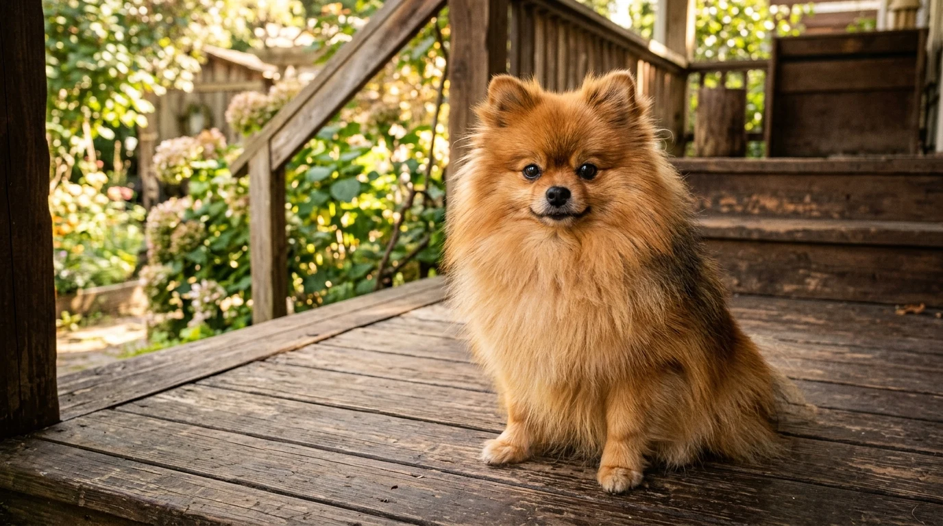 Pomeranian (Trpasličí špic): Vzhled, péče o srst, povaha a jak poznat čistokrevné štěně s PP 1 Krásný oranžový pomeranian na dřevěné terase