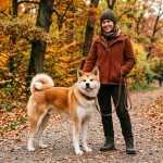 Je Akita Inu agresivní pes? (Czy akita jest agresywna): Pravda o povaze, socializaci a výchově samurajského psa 2 Červená Akita Inu se svou majitelkou v podzimním lese