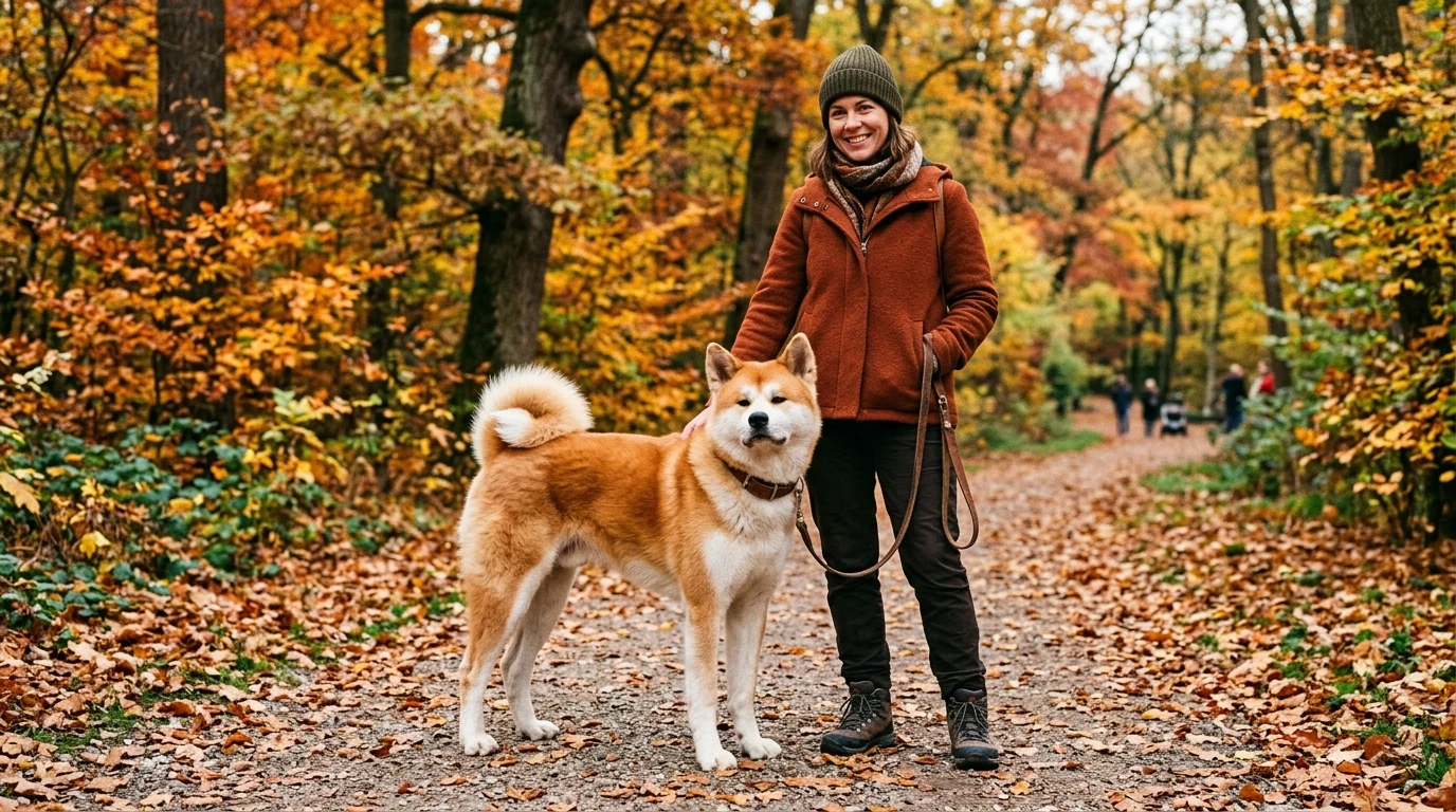 Červená Akita Inu se svou majitelkou v podzimním lese