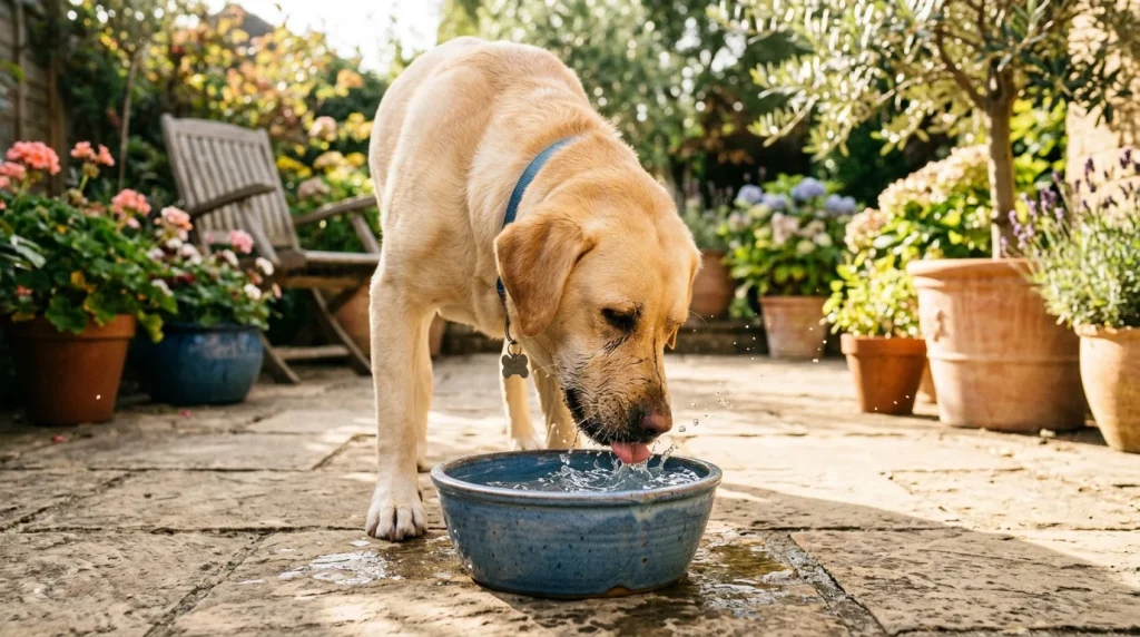 Pes hodně pije: Příčiny nadměrné žízně (polydipsie), diagnostika a kdy jít k veterináři 26 Pes pije čerstvou vodu z misky