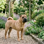 Šarpej (Shar-Pei): Původ, vrásčitá kůže, modrý jazyk, povaha a péče o čínské plemeno 2 Vrásčitý pes šarpej v zahradě