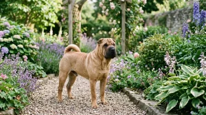 Šarpej (Shar-Pei): Původ, vrásčitá kůže, modrý jazyk, povaha a péče o čínské plemeno 5 Vrásčitý pes šarpej v zahradě
