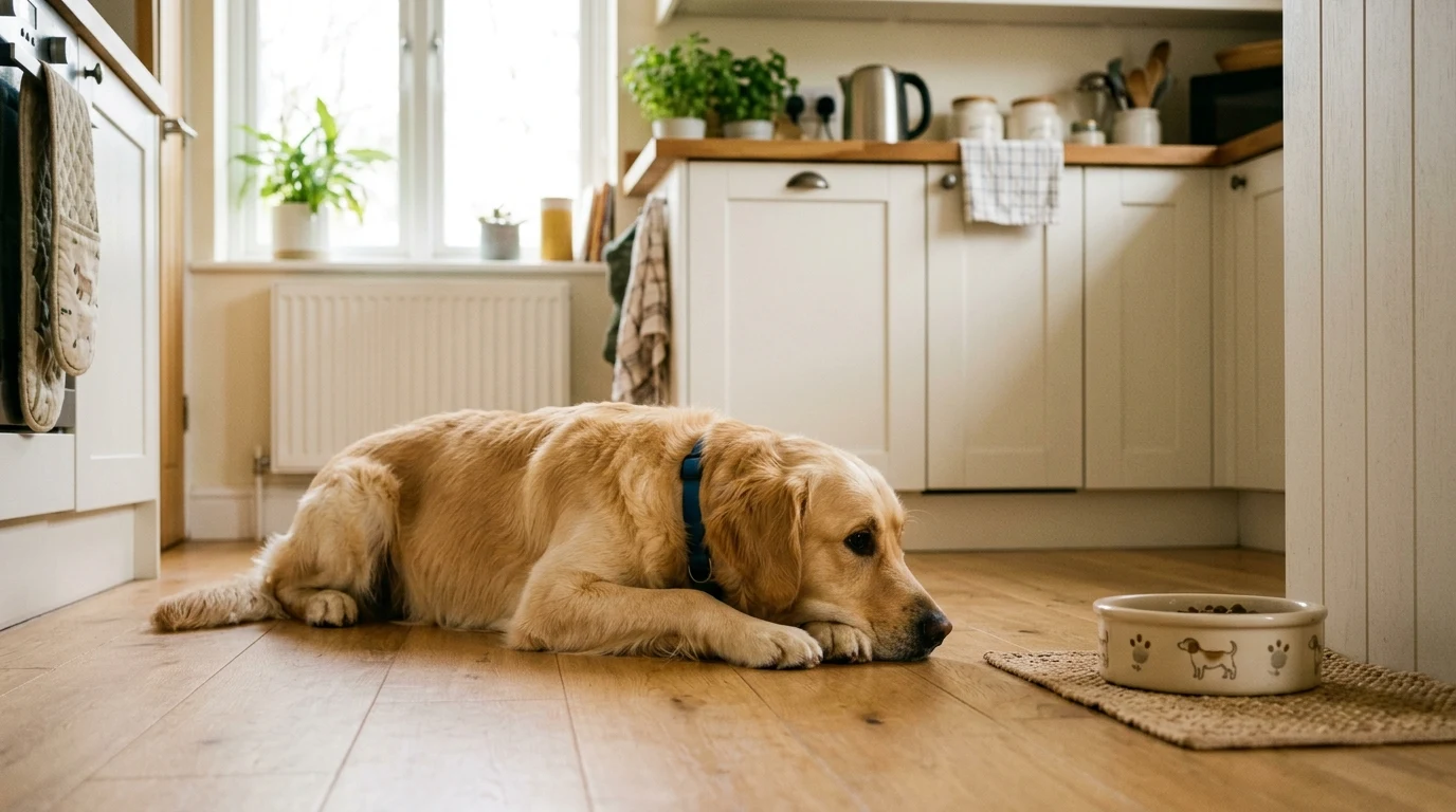 Ztráta chuti k jídlu u psa: Příčiny nechutenství (anorexie), jak psa rozjíst a kdy jít k lékaři 1 Zlatý retrívr leží u misky s krmivem